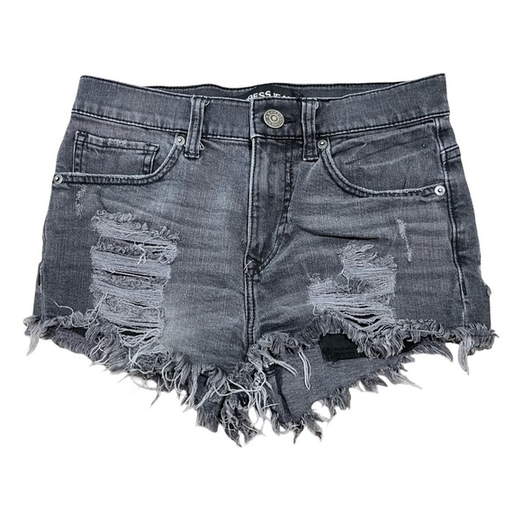 Express Distressed Gray Denim Booty Shorts - Picture 1 of 6